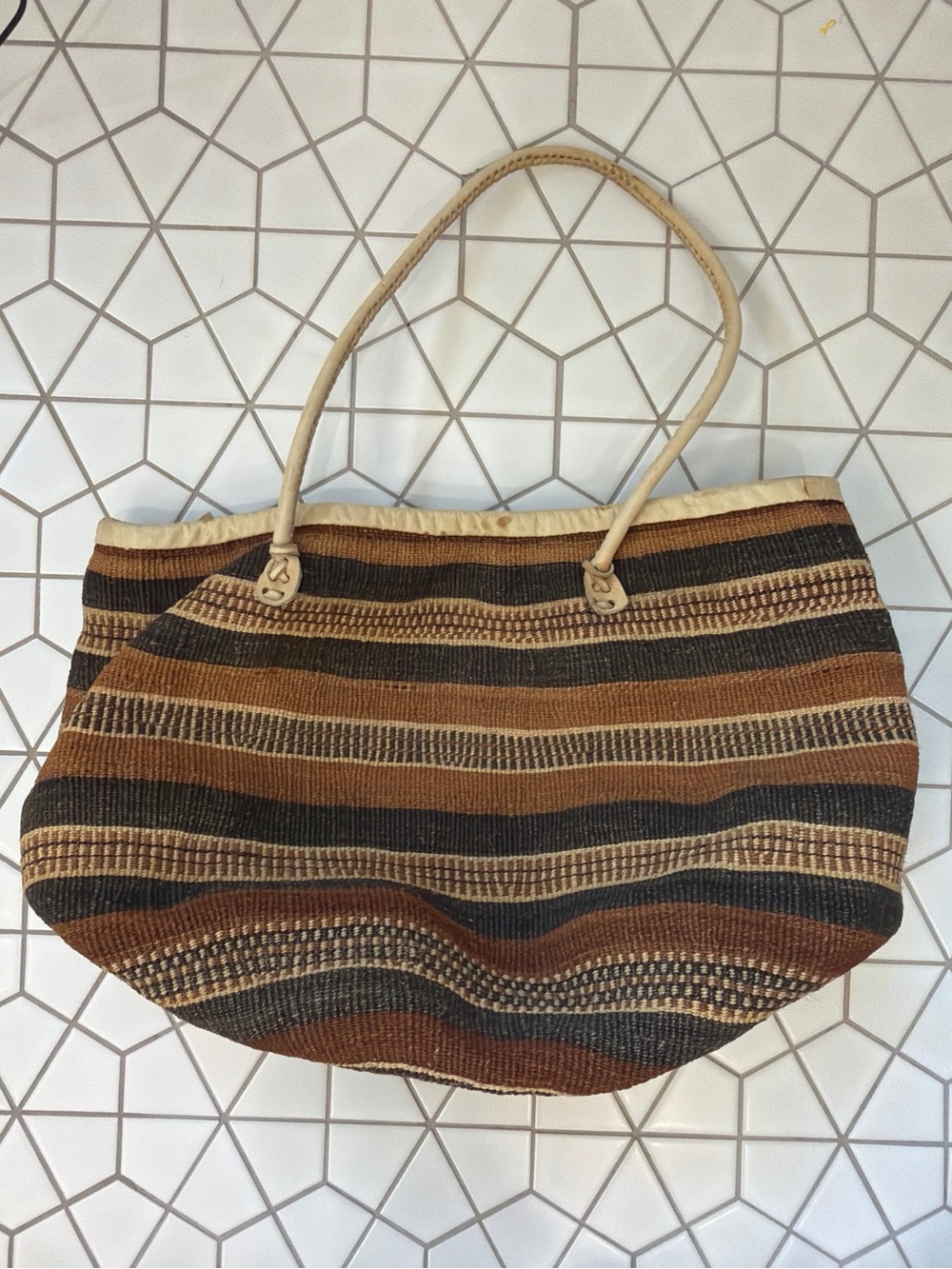 Handwoven African Kiondo Sisal Fiber Stripe Market Tote Bag Leather Strap Boho